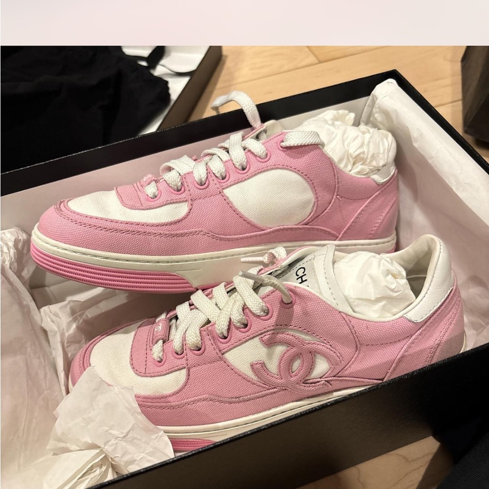 Chanel Pink and White Sneakers with Signature Logo